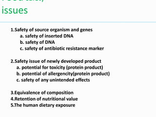 1.Safety of source organism and genes
a. safety of inserted DNA
b. safety of DNA
c. safety of antibiotic resistance marker
2.Safety issue of newly developed product
a. potential for toxicity (protein product)
b. potential of allergencity(protein product)
c. safety of any unintended effects
3.Equivalence of composition
4.Retention of nutritional value
5.The human dietary exposure
Food safety
issues
 