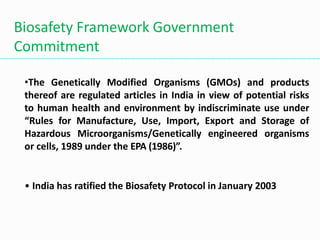 •The Genetically Modified Organisms (GMOs) and products
thereof are regulated articles in India in view of potential risks
to human health and environment by indiscriminate use under
“Rules for Manufacture, Use, Import, Export and Storage of
Hazardous Microorganisms/Genetically engineered organisms
or cells, 1989 under the EPA (1986)”.
• India has ratified the Biosafety Protocol in January 2003
Biosafety Framework Government
Commitment
 