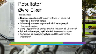 Resultater Øvre Eiker
1 Sykkelhotell
2 Innfartsparkering
3 Gang/sykkel-
undergang
4 Økt busstilbud
5 Sykkelparkering
6 Inn...