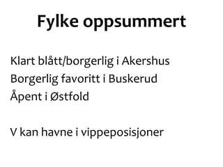 Fylke oppsummert
Klart blått/borgerlig i Akershus
Borgerlig favoritt i Buskerud
Åpent i Østfold
V kan havne i vippeposisjoner
 