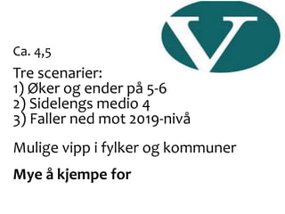 Ca. 4,5
Tre scenarier:
1) Øker og ender på 5-6
2) Sidelengs medio 4
3) Faller ned mot 2019-nivå
Mulige vipp i fylker og kommuner
Mye å kjempe for
 