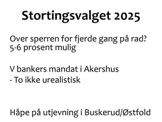 Stortingsvalget 2025
Over sperren for fjerde gang på rad?
5-6 prosent mulig
V bankers mandat i Akershus
- To ikke urealistisk
Håpe på utjevning i Buskerud/Østfold
 