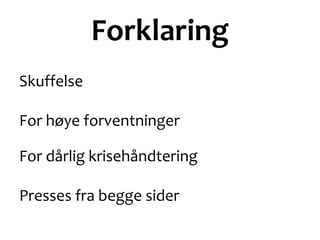 Forklaring
Skuffelse
For høye forventninger
For dårlig krisehåndtering
Presses fra begge sider
 