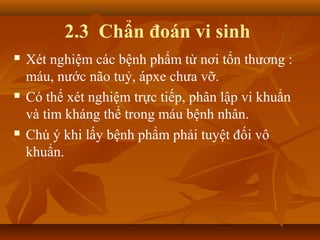 2.3 Chẩn đoán vi sinh
   Xét nghiệm các bệnh phẩm từ nơi tổn thương :
    máu, nước não tuỷ, ápxe chưa vỡ.
   Có thể xét nghiệm trực tiếp, phân lập vi khuẩn
    và tìm kháng thể trong máu bệnh nhân.
   Chú ý khi lấy bệnh phẩm phải tuyệt đối vô
    khuẩn.
 