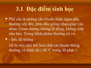 3.1 Đặc điểm sinh học
   Phế cầu là những cầu khuẩn hình ngọn nến,
    thường xếp đôi, phía đầu giống nhau giáp vào
    nhau. Gram dương không di động, không sinh
    nha bào. Trong bệnh phẩm thường có vỏ.
   - Sức đề kháng :
    Dễ bị tiêu diệt bởi hoá chất sát khuẩn thông
    thường và nhiệt độ ( 60 0C trong 30 phút )
 