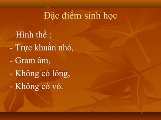 Đặc điểm sinh học
  Hình thể :
- Trực khuẩn nhỏ,
- Gram âm,
- Không có lông,
- Không có vỏ.
 