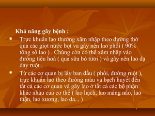 Khả năng gây bệnh :
    Trực khuẩn lao thường xâm nhập theo đường thở
     qua các giọt nước bọt va gây nên lao phổi ( 90%
     tổng số lao ) . Chúng còn có thể xâm nhập vào
     đường tiêu hoá ( qua sữa bò tươi ) và gây nên lao dạ
     dày ruột .
    Từ các cơ quan bị lây ban đầu ( phổi, đường ruột ),
     trực khuẩn lao theo đường máu va bạch huyết đến
     tất cả các cơ quan và gây lao ở tất cả các bộ phận
     khác nhau của cơ thể ( lao hạch, lao màng não, lao
     thận, lao xương, lao da... )
 