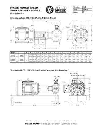 VIKING PUMP • A Unit of IDEX Corporation • Cedar Falls, IA ©2015
Section 144
Page 144.11
Issue I
SERIES 495 & 4195
VIKING MOTOR SPEED
INTERNAL GEAR PUMPS
These dimensions are average and not for construction purposes. Certified prints on request.
Dimensions KE / KKE 4195 (Pump, M Drive, Motor)
Dimensions LQE / LSE 4195, with Motor Adapter (Bell Housing)
MODEL A B C D E F G H J K L M N O P S Y
KE4195
KKE4195
in. NEMA
284/286
4
6.69 20.51 5.50 2.50 6.00 5.00 7.24 1.12 0.56 10.14 8.20 2.50 0.44 0.75 0.19 7.26
mm 169.9 521.0 139.7 63.5 152.4 127.0 183.9 28.4 14.2 257.6 208.3 63.5 11.2 19.1 4.8 184.4
LQE4195
LSE4195
in. NEMA
284/286
4
6.69 22.02 5.50 2.50 6.00 7.00 9.31 1.16 0.56 9.36 8.20 2.50 0.44 2.50 0.19 7.26
mm 169.9 559.3 139.7 63.5 152.4 177.8 236.5 29.5 14.2 237.7 208.3 63.5 11.2 63.5 4.8 184.4
2.75
58.50
1.75
2.00
4" PORTS
4X .88 HOLES
9.00
12.88
8.50 8.50
9.66
9.38
18.75
2.00
6.00
S
H
N
C
E E
 