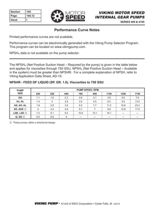 VIKING PUMP • A Unit of IDEX Corporation • Cedar Falls, IA ©2015
Section 144
Page 144.12
Issue I
SERIES 495 & 4195
VIKING MOTOR SPEED
INTERNAL GEAR PUMPS
Performance Curve Notes
Printed performance curves are not available.
Performance curves can be electronically generated with the Viking Pump Selector Program.
This program can be located on www.vikingpump.com.
NPSHR data is not available on the pump selector.
The NPSHR (Net Positive Suction Head – Required by the pump) is given in the table below
and applies for viscosities through 750 SSU. NPSHA (Net Positive Suction Head – Available
in the system) must be greater than NPSHR. For a complete explanation of NPSH, refer to
Viking Application Data Sheet, AD-19.
NPSHR - FEED OF LIQUID (SP. GR. 1.0), Viscosities to 750 SSU
①	 These pumps utilize a directional design.
PUMP
SIZE
PUMP SPEED, RPM
420 520 640 780 950 1150 1450 1750
GG 1.1 1.6 2.2 2.6 3.1 3.9 5.6 7.6
HJ, HL 1.4 2 2.8 3.4 4.5 6.2 9.5 13.5
AS, AK, AL 1.9 2.8 3.9 5.5 7.7 11.2 16.8 23.3
KE, KKE ① 4 4.4 4.9 5.7 7 8.9 12.8 17.9
LQE, LSE ① 7.3 8.1 9.3 10.9 13.1 16.1 -- --
Q, QS ① 5.5 6.8 9 -- -- -- -- --
 