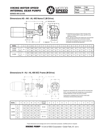 VIKING PUMP • A Unit of IDEX Corporation • Cedar Falls, IA ©2015
Section 144
Page 144.9
Issue I
SERIES 495 & 4195
VIKING MOTOR SPEED
INTERNAL GEAR PUMPS
Dimensions AS - AK - AL 495 Nema C (M Drive)
Dimensions H - HJ - HL 495 IEC Frame (M Drive)
① Dimensions are correct for 182TC through 215TC
motors. For 254TC/256TC motors, add .88” to the
dimensions shown.
NOTE: Jaw type coupling with straight jaws recommended
to facilitate assembly of motor and pump to bracket.
COUPLING IS GUARDED WITH PLATES OVER SIDE
OPENINGS ON MOUNTING BRACKET.
MODEL A B ① C D E F G H J K ➀ L M N O P R S Y
AS495M
AK495M
in
2½
5.00 19.06 6.25 2.75 7.00 5.00 7.00 1.00 .56 8.44 6.38 2.00 .50 1.12 7.00 .19 1.00
mm 127 484 159 70 178 127 178 25 14 214 162 51 13 29 178 5 25
AL495M
in
3
5.00 19.56 6.25 2.75 7.00 5.00 7.00 1.00 .56 8.44 6.38 2.50 .50 1.12 7.00 .19 1.00
mm 127 497 159 70 178 127 178 25 14 214 162 64 13 29 178 5 25
Brackets are designed for IEC motors with B14 mounting face.
NOTE: Jaw type coupling with straight jaws recommended to
facilitate assembly of motor and pump to bracket.
COUPLING IS GUARDED WITH PLATES OVER SIDE
OPENINGS ON MOUNTING BRACKET.
MODEL A B C M N P
MOTOR
FRAME
D E F G H J K L O R S
H495M
HJ495M
HL495M
in
1.5
3.75 3.28 4.50 1.50 0.62
IEC 90
4.62 2.38 6.40 3.52 5.14 0.81 0.57 4.92 0.75 6.61 0.19
mm 95.3 83.3 114.3 38.1 15.7 117.3 60.5 162.6 89.4 130.6 20.6 14.5 125.0 19.1 167.9 4.8
in 3.75 3.28 4.50 1.50 0.62
IEC 100/112
4.62 2.38 6.40 3.52 5.14 0.81 0.57 4.98 0.75 7.01 0.19
mm 95.3 83.3 114.3 38.1 15.7 117.3 60.5 162.6 89.4 130.6 20.6 14.5 128.8 19.1 178.1 4.8
in 3.75 3.28 4.50 1.50 0.62
IEC 132
5.32 2.95 7.48 4.50 6.09 0.80 0.57 5.11 0.75 8.16 0.25
mm 95.3 83.3 114.3 38.1 15.7 135.1 74.9 190.0 114.3 154.7 20.3 14.5 129.8 19.1 207.3 6.4
These dimensions are average and not for construction purposes. Certified prints on request.
 