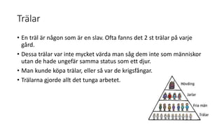 Trälar
• En träl är någon som är en slav. Ofta fanns det 2 st trälar på varje
gård.
• Dessa trälar var inte mycket värda man såg dem inte som människor
utan de hade ungefär samma status som ett djur.
• Man kunde köpa trälar, eller så var de krigsfångar.
• Trälarna gjorde allt det tunga arbetet.
 