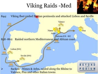 19
844: Viking fleet raided Iberian peninsula and attacked Lisbon and Seville
858 -862: Raided northern Mediterranean and African coast.
 Sacked: Nimes & Arles, raided along the Rhône to
Valence, Pisa and other Italian towns
Viking Raids -Med
 