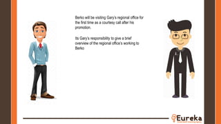 Berko will be visiting Gary’s regional office for
the first time as a courtesy call after his
promotion.
Its Gary’s responsibility to give a brief
overview of the regional office’s working to
Berko
 