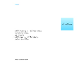 Index




                                       vi knallgrau



  Mobile Nutzung vs. Desktop Nutzung
  Smartphone Nutzung
  App Nutzung
 Mobile App vs. Mobile Website
  Fazit & Empfehlung




   © 2012 vi knallgrau GmbH
 