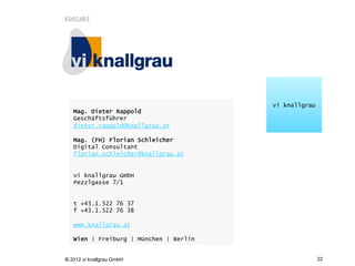 Kontakt




                                        vi knallgrau
   Mag. Dieter Rappold
   Geschäftsführer
   dieter.rappold@knallgrau.at

   Mag. (FH) Florian Schleicher
   Digital Consultant
   florian.schleicher@knallgrau.at


   vi knallgrau GmbH
   Pezzlgasse 7/1


   t +43.1.522 76 37
   f +43.1.522 76 38

   www.knallgrau.at

   Wien | Freiburg | München | Berlin


© 2012 vi knallgrau GmbH                               22
 