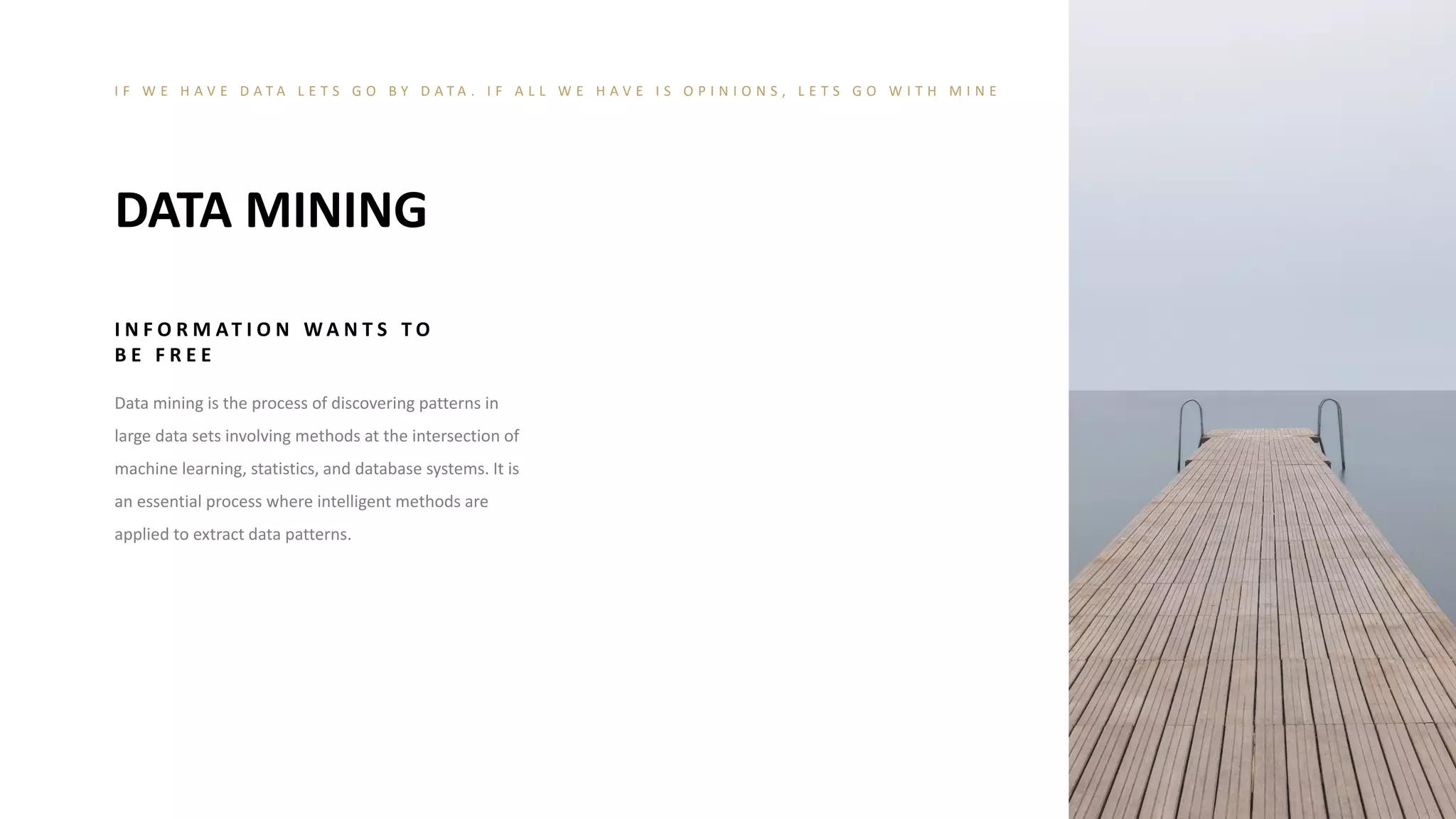 I N F O R M AT I O N W A N T S T O
B E F R E E
Data mining is the process of discovering patterns in
large data sets involving methods at the intersection of
machine learning, statistics, and database systems. It is
an essential process where intelligent methods are
applied to extract data patterns.
DATA MINING
I F W E H A V E D A T A L E T S G O B Y D A T A . I F A L L W E H A V E I S O P I N I O N S , L E T S G O W I T H M I N E
 