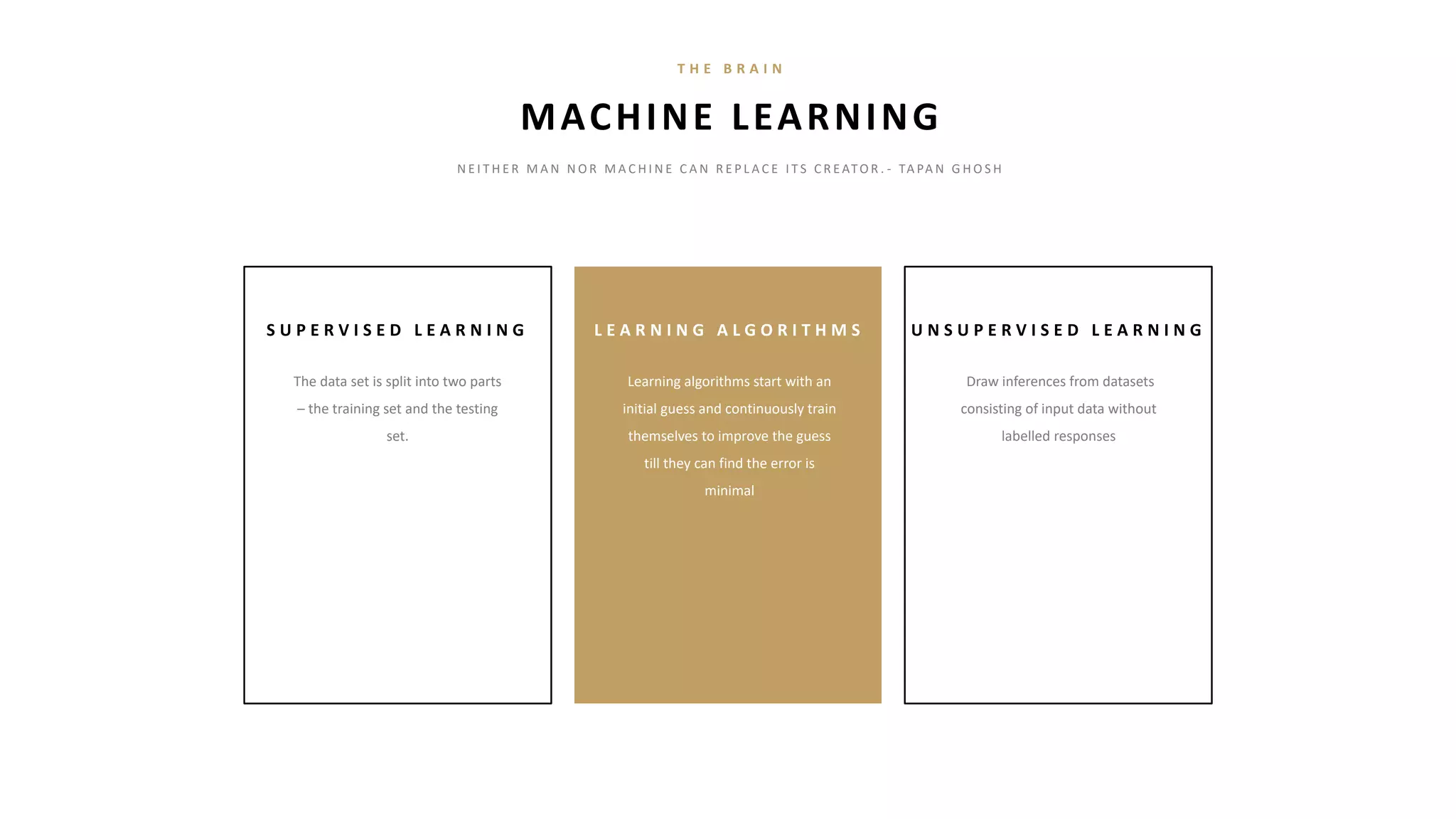 S U P E R V I S E D L E A R N I N G
The data set is split into two parts
– the training set and the testing
set.
L E A R N I N G A L G O R I T H M S
Learning algorithms start with an
initial guess and continuously train
themselves to improve the guess
till they can find the error is
minimal
U N S U P E R V I S E D L E A R N I N G
Draw inferences from datasets
consisting of input data without
labelled responses
MACHINE LEARNING
T H E B R A I N
N E I T H E R M A N N O R M A C H I N E C A N R E P L A C E I T S C R E ATO R . - TA PA N G H O S H
 