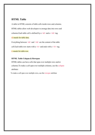 HTML Table
A table in HTML consists of table cells inside rows and columns.
HTML tables allow web developers to arrange data into rows and
columns.Each table cell is defined by a <td> and a </td> tag.
td stands for table data.
Everything between <td> and </td> are the content of the table
cell.Each table row starts with a <tr> and ends with a </tr> tag.
tr stands for table row.
HTML Table Colspan & Rowspan
HTML tables can have cells that span over multiple rows and/or
columns.To make a cell span over multiple columns, use the colspan
attribute:
To make a cell span over multiple rows, use the rowspan attribute
 