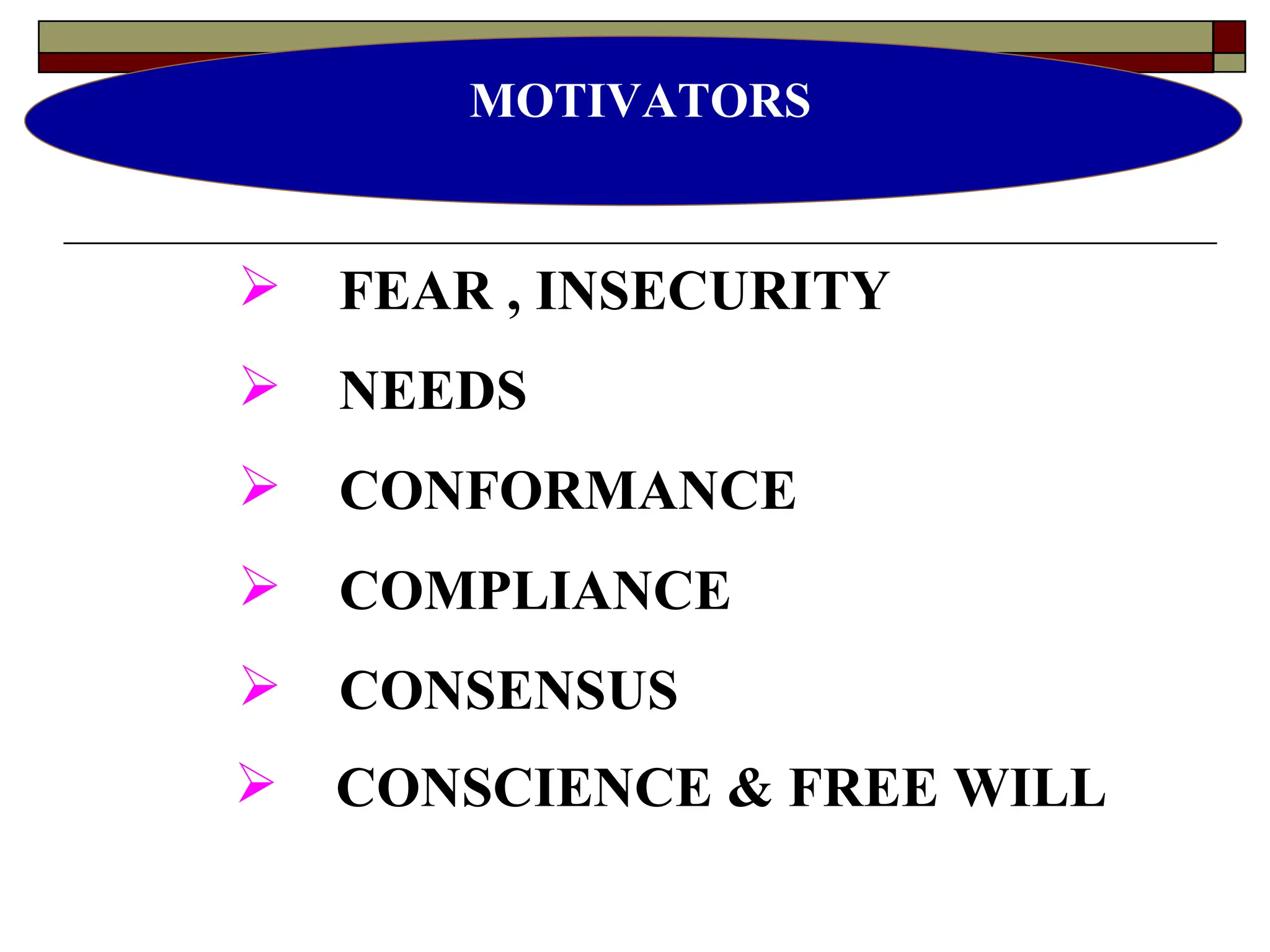 FEAR , INSECURITY NEEDS CONFORMANCE COMPLIANCE   CONSENSUS CONSCIENCE & FREE WILL MOTIVATORS 