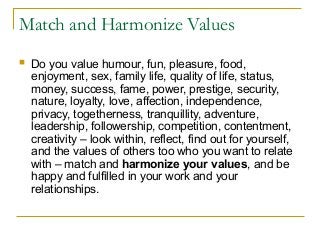 Match and Harmonize Values
 Do you value humour, fun, pleasure, food,
enjoyment, sex, family life, quality of life, status,
money, success, fame, power, prestige, security,
nature, loyalty, love, affection, independence,
privacy, togetherness, tranquillity, adventure,
leadership, followership, competition, contentment,
creativity – look within, reflect, find out for yourself,
and the values of others too who you want to relate
with – match and harmonize your values, and be
happy and fulfilled in your work and your
relationships.
 