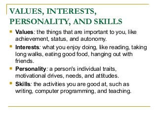 VALUES, INTERESTS,
PERSONALITY, AND SKILLS
 Values: the things that are important to you, like
achievement, status, and autonomy.
 Interests: what you enjoy doing, like reading, taking
long walks, eating good food, hanging out with
friends.
 Personality: a person's individual traits,
motivational drives, needs, and attitudes.
 Skills: the activities you are good at, such as
writing, computer programming, and teaching.
 