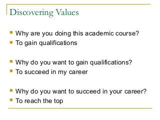 Discovering Values
 Why are you doing this academic course?
 To gain qualifications
 Why do you want to gain qualifications?
 To succeed in my career
 Why do you want to succeed in your career?
 To reach the top
 