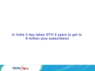 In India it has taken DTH 5 years to get to
6 million plus subscribers!
 
