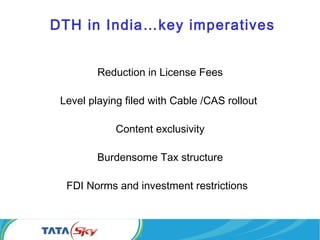 DTH in India…key imperatives
Reduction in License Fees
Level playing filed with Cable /CAS rollout
Content exclusivity
Burdensome Tax structure
FDI Norms and investment restrictions
 