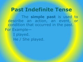 Past Indefinite Tense
The simple past is used to
describe an action, an event, or
condition that occurred in the past.
For Example—
I played.
He / She played.
 