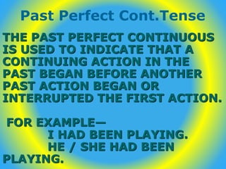THE PAST PERFECT CONTINUOUS
IS USED TO INDICATE THAT A
CONTINUING ACTION IN THE
PAST BEGAN BEFORE ANOTHER
PAST ACTION BEGAN OR
INTERRUPTED THE FIRST ACTION.
FOR EXAMPLE—
I HAD BEEN PLAYING.
HE / SHE HAD BEEN
PLAYING.
Past Perfect Cont.Tense
 