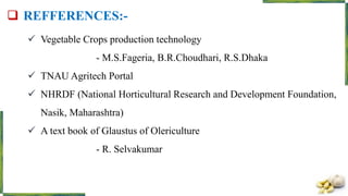  REFFERENCES:-
 Vegetable Crops production technology
- M.S.Fageria, B.R.Choudhari, R.S.Dhaka
 TNAU Agritech Portal
 NHRDF (National Horticultural Research and Development Foundation,
Nasik, Maharashtra)
 A text book of Glaustus of Olericulture
- R. Selvakumar
 