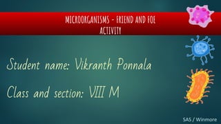 SAS / Winmore
Student name: Vikranth Ponnala
Class and section: VIII M
MICROORGANISMS - FRIEND AND FOE
ACTIVITY
 