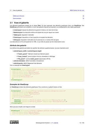 Défilement d'écrans 32
Demonstration 33
3.1 Vues et gabarits
Les éléments graphiques héritent de la classe View. On peut regrouper des éléments graphiques dans une ViewGroup. Des
ViewGroup particuliers sont prédéfinis: ce sont des gabarits (layout) qui proposent une prédispositions des objets graphiques:
• LinearLayout: dispose les éléments de gauche à droite ou du haut vers le bas
• RelativeLayout: les éléments enfants sont placés les uns par rapport aux autres
• TableLayout: disposition matricielle
• FrameLayout: disposition en haut à gauche en empilant les éléments
• GridLayout: disposition matricielle avec N colonnes et un nombre infini de lignes
Les déclarations se font principalement en XML, ce qui évite de passer par les instanciations Java.
Attributs des gabarits
Les attributs des gabarits permettent de spécifier des attributs supplémentaires. Les plus importants sont:
• android:layout_width et android:layout_height:
• ="match_parent": l'élément remplit tout l'élément parent
• ="wrap_content": prend la place minimum nécessaire à l'affichage
• ="fill_parent": comme match_parent (deprecated, API<8)
• android:orientation: définit l'orientation d'empilement
• android:gravity: définit l'alignement des éléments
Voici un exemple de LinearLayout:
<LinearLayout xmlns:android="http://schemas.android.com/apk/res/android"
android:orientation="vertical"
android:layout_width="match_parent"
android:layout_height="match_parent"
android:gravity="center"
android:id="@+id/accueilid"
>
</LinearLayout>
Exemples de ViewGroup
Un ViewGroup contient des éléments graphiques. Pour construire un gabarit linéaire on fera:
<LinearLayout xmlns:android="http://schemas.android.com/apk/res/android"
android:layout_width="match_parent"
android:layout_height="match_parent"
android:gravity="center"
android:id="@+id/accueilid"
>
<TextView android:id="@+id/le_texte" android:text="@string/hello" />
<TextView android:id="@+id/le_texte2" android:text="@string/hello2" />
</LinearLayout>
Alors que pour empiler une image et un texte:
<FrameLayout xmlns:android="http://schemas.android.com/apk/res/android"
android:layout_width="match_parent"
android:layout_height="match_parent"
3.1 Vues et gabarits INSA Centre Val de Loire
Développement Android - J.-F. Lalande 14 / 103
 