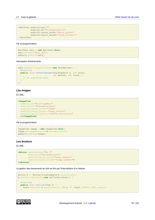 <EditText android:text=""
android:id="@+id/EditText01"
android:layout_width="match_parent"
android:layout_height="wrap_content">
</EditText>
Par la programmation:
EditText edit = new EditText(this);
edit.setText("Edit me");
gabarit.addView(edit);
Interception d'événements:
edit.addTextChangedListener(new TextWatcher() {
@Override
public void onTextChanged(CharSequence s, int start,
int before, int count) {
// do something here
}
);
Les images
En XML:
<ImageView
android:id="@+id/logoEnsi"
android:src="@drawable/ensi"
android:layout_width="100px"
android:layout_height="wrap_content"
android:layout_gravity="center_horizontal"
></ImageView>
Par la programmation:
ImageView image = new ImageView(this);
image.setImageResource(R.drawable.ensi);
gabarit.addView(image);
Les boutons
En XML:
<Button android:text="Go !"
android:id="@+id/Button01"
android:layout_width="wrap_content"
android:layout_height="wrap_content">
</Button>
La gestion des événements de click se font par l'intermédiaire d'un listener:
Button b = (Button)findViewById(R.id.Button01);
b.setOnClickListener(new OnClickListener() {
@Override
public void onClick(View v) {
Toast.makeText(v.getContext(), "Stop !", Toast.LENGTH_LONG).show();
}
3.1 Vues et gabarits INSA Centre Val de Loire
Développement Android - J.-F. Lalande 16 / 103
 
