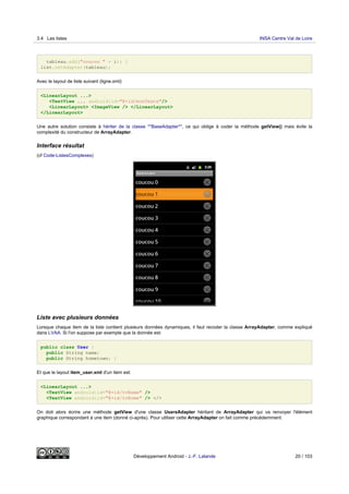 tableau.add("coucou " + i); }
list.setAdapter(tableau);
Avec le layout de liste suivant (ligne.xml):
<LinearLayout ...>
<TextView ... android:id="@+id/monTexte"/>
<LinearLayout> <ImageView /> </LinearLayout>
</LinearLayout>
Une autre solution consiste à hériter de la classe **BaseAdapter**, ce qui oblige à coder la méthode getView() mais évite la
complexité du constructeur de ArrayAdapter.
Interface résultat
(cf Code-ListesComplexes)
Liste avec plusieurs données
Lorsque chaque item de la liste contient plusieurs données dynamiques, il faut recoder la classe ArrayAdapter, comme expliqué
dans LVAA. Si l'on suppose par exemple que la donnée est:
public class User {
public String name;
public String hometown; }
Et que le layout item_user.xml d'un item est:
<LinearLayout ...>
<TextView android:id="@+id/tvName" />
<TextView android:id="@+id/tvHome" /> </>
On doit alors écrire une méthode getView d'une classe UsersAdapter héritant de ArrayAdapter qui va renvoyer l'élément
graphique correspondant à une item (donné ci-après). Pour utiliser cette ArrayAdapter on fait comme précédemment:
3.4 Les listes INSA Centre Val de Loire
Développement Android - J.-F. Lalande 20 / 103
 