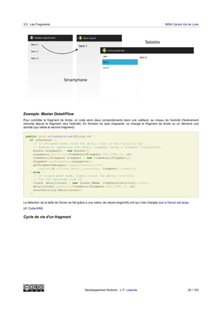 Exemple: Master Detail/Flow
Pour contrôler le fragment de droite, on code alors deux comportements dans une callback, au niveau de l'activité (l'évènement
remonte depuis le fragment vers l'activité). En fonction du type d'appareil, on change le fragment de droite ou on démarre une
activité (qui utilise le second fragment):
public void onItemSelected(String id) {
if (mTwoPane) {
// In two-pane mode, show the detail view in this activity by
// adding or replacing the detail fragment using a fragment transaction.
Bundle arguments = new Bundle();
arguments.putString(ItemDetailFragment.ARG_ITEM_ID, id);
ItemDetailFragment fragment = new ItemDetailFragment();
fragment.setArguments(arguments);
getFragmentManager().beginTransaction()
.replace(R.id.item_detail_container, fragment).commit();
} else {
// In single-pane mode, simply start the detail activity
// for the selected item ID.
Intent detailIntent = new Intent(this, ItemDetailActivity.class);
detailIntent.putExtra(ItemDetailFragment.ARG_ITEM_ID, id);
startActivity(detailIntent);
}}
La détection de la taille de l'écran se fait grâce à une valeur de values-large/refs.xml qui n'est chargée que si l'écran est large.
(cf. Code-IHM)
Cycle de vie d'un fragment
3.5 Les Fragments INSA Centre Val de Loire
Développement Android - J.-F. Lalande 25 / 103
 