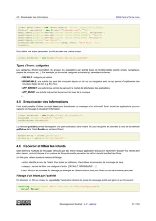 Intent emailIntent = new Intent(android.content.Intent.ACTION_SEND);
String[] recipients = new String[]{"my@email.com", "",};
emailIntent.putExtra(android.content.Intent.EXTRA_EMAIL, recipients);
emailIntent.putExtra(android.content.Intent.EXTRA_SUBJECT, "Test");
emailIntent.putExtra(android.content.Intent.EXTRA_TEXT, "Message");
emailIntent.setType("text/plain");
startActivity(Intent.createChooser(emailIntent, "Send mail..."));
finish();
Pour définir une action personelle, il suffit de créer une chaine unique:
Intent monIntent = new Intent("andro.jf.nom_du_message");
Types d'Intent: catégories
Les catégories d'Intent permettent de grouper les applications par grands types de fonctionnalités (clients emails, navigateurs,
players de musique, etc...). Par exemple, on trouve les catégories suivantes qui permettent de lancer:
• DEFAULT: catégorie par défaut
• BROWSABLE: une activité qui peut être invoquée depuis un clic sur un navigateur web, ce qui permet d'implémenter des
nouveaux types de lien, e.g. foo://truc
• APP_MARKET: une activité qui permet de parcourir le market de télécharger des applications
• APP_MUSIC: une activité qui permet de parcourir et jouer de la musique
• ...
4.5 Broadcaster des informations
Il est aussi possible d'utiliser un objet Intent pour broadcaster un message à but informatif. Ainsi, toutes les applications pourront
capturer ce message et récupérer l'information.
Intent broadcast = new Intent("andro.jf.broadcast");
broadcast.putExtra("extra", "test");
sendBroadcast(broadcast);
La méthode putExtra permet d'enregistrer une paire clef/valeur dans l'Intent. On peut récupérer les données à l'aide de la méthode
getExtras dans l'objet Bundle qui est dans l'Intent:
Bundle extra = intent.getExtras();
String val = extra.getString("extra");
4.6 Recevoir et filtrer les Intents
Etant donné la multitude de messages véhiculés par des Intent, chaque application doit pouvoir facilement "écouter" les Intents dont
elle a besoin. Android dispose d'un système de filtres déclaratifs permettant de définir dans le Manifest des filtres.
Un filtre peut utiliser plusieurs niveaux de filtrage:
• action: identifie le nom de l'Intent. Pour éviter les collisions, il faut utiliser la convention de nommage de Java
• category: permet de filtrer une catégorie d'action (DEFAULT, BROWSABLE, ...)
• data: filtre sur les données du message par exemple en utilisant android:host pour filtrer un nom de domaine particulier
Filtrage d'un Intent par l'activité
En déclarant un filtre au niveau du tag activity, l'application déclare les types de messsage qu'elle sait gérer et qui l'invoquent.
<activity android:name=".Main" android:label="@string/app_name">
<intent-filter>
4.5 Broadcaster des informations INSA Centre Val de Loire
Développement Android - J.-F. Lalande 37 / 103
 