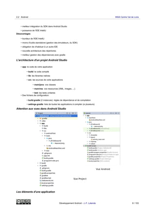 • meilleur intégration du SDK dans Android Studio
• puissance de l'IDE IntelliJ
Désavantages:
• lourdeur de l'IDE IntelliJ
• moins d'outils standalone (gestion des émulateurs, du SDK)
• obligation de s'habituer à un autre IDE
• nouvelle architecture des répertoires
• meilleur gestion des dépendances avec gradle
L'architecture d'un projet Android Studio
• app: le code de votre application
• build: le code compilé
• lib: les librairies natives
• src: les sources de votre applications
• main/java: vos classes
• main/res: vos ressources (XML, images, ...)
• test: les tests unitaires
• Des fichiers de configuration:
• build.gradle (2 instances): règles de dépendance et de compilation
• settings.gradle: liste de toutes les applications à compiler (si plusieurs)
Attention aux vues dans Android Studio
Les éléments d'une application
2.2 Android INSA Centre Val de Loire
Développement Android - J.-F. Lalande 8 / 103
 
