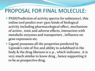 PROPOSAL FOR FINAL MOLECULE:
 PASS(Prediction of activity spectra for substance), this
online tool predict over 3500 kinds of biological
activity including pharmacological effect, mechanism
of action , toxic and adverse effects, interaction with
metabolic enzymes and transporters , influence on
gene expression etc.
 Ligand possesses all the properties predicted by
Lipinski’s rule of five and ability to solublised in the
body & the drug likeness is 0.31 , which indicates , it is
very much similar to know drug , hence supporting it
to be as prospective drug.
 