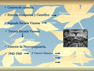 Centros de consulta.  Entorno Humanista y Científico  Relación entre Psicoterapia y Filosofía Existencial. Segunda Escuela Vianesa  Adler. Tercera Escuela Vianesa  LA LOGOTERAPIA Director de Neuropsiquiatría.  1942-1945  2ª Guerra Mundial Campo de Concentración. Muere su familia. Sobrevive al Holocausto. 