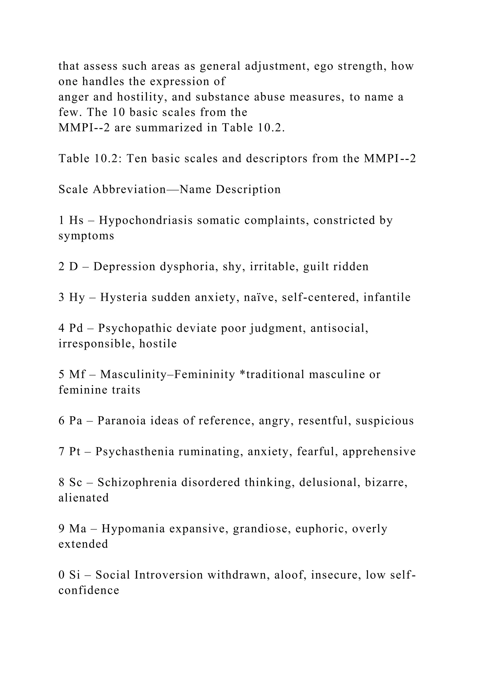 that assess such areas as general adjustment, ego strength, how
one handles the expression of
anger and hostility, and substance abuse measures, to name a
few. The 10 basic scales from the
MMPI--2 are summarized in Table 10.2.
Table 10.2: Ten basic scales and descriptors from the MMPI--2
Scale Abbreviation—Name Description
1 Hs – Hypochondriasis somatic complaints, constricted by
symptoms
2 D – Depression dysphoria, shy, irritable, guilt ridden
3 Hy – Hysteria sudden anxiety, naïve, self-centered, infantile
4 Pd – Psychopathic deviate poor judgment, antisocial,
irresponsible, hostile
5 Mf – Masculinity–Femininity *traditional masculine or
feminine traits
6 Pa – Paranoia ideas of reference, angry, resentful, suspicious
7 Pt – Psychasthenia ruminating, anxiety, fearful, apprehensive
8 Sc – Schizophrenia disordered thinking, delusional, bizarre,
alienated
9 Ma – Hypomania expansive, grandiose, euphoric, overly
extended
0 Si – Social Introversion withdrawn, aloof, insecure, low self-
confidence
 