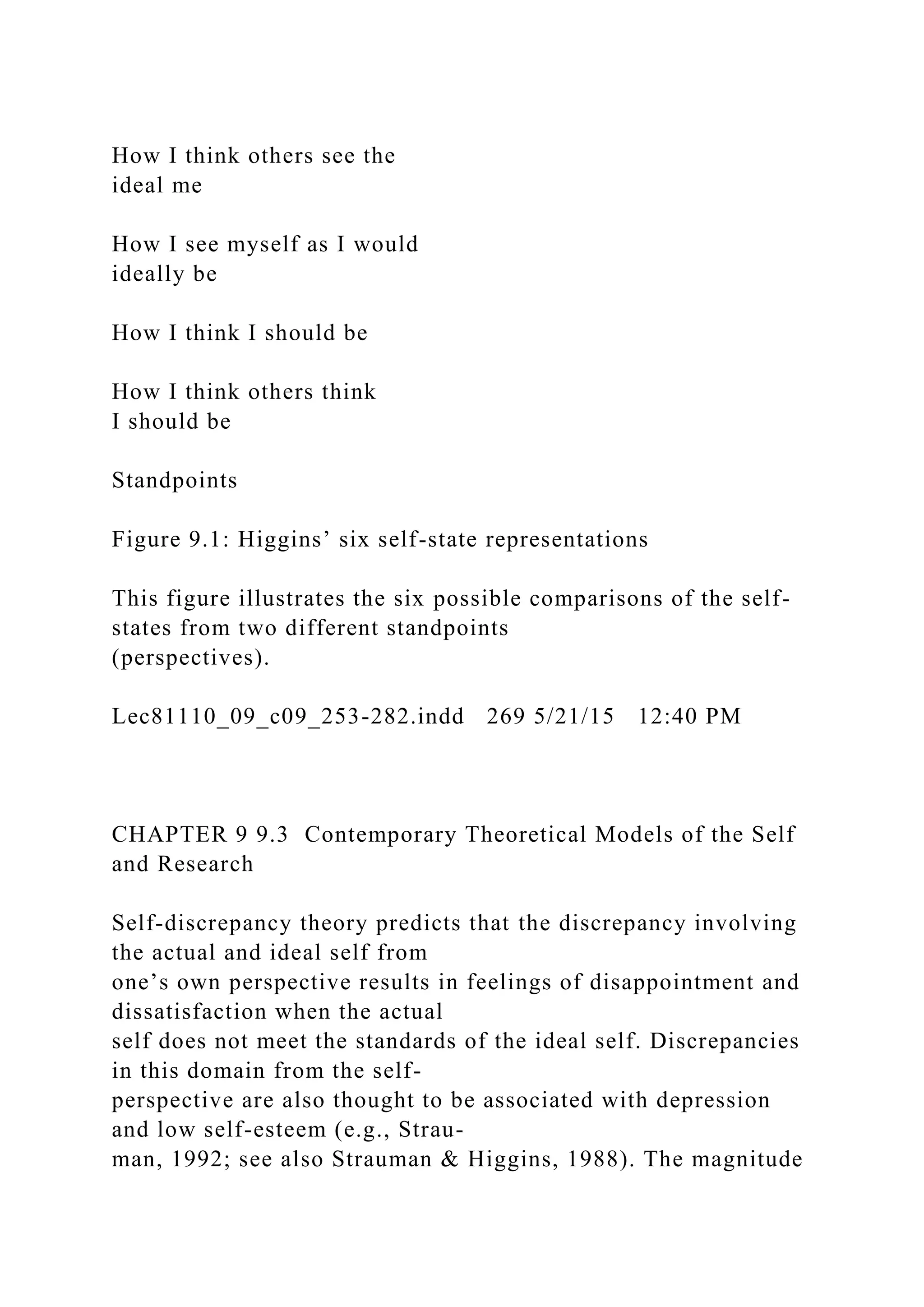 How I think others see the
ideal me
How I see myself as I would
ideally be
How I think I should be
How I think others think
I should be
Standpoints
Figure 9.1: Higgins’ six self-state representations
This figure illustrates the six possible comparisons of the self-
states from two different standpoints
(perspectives).
Lec81110_09_c09_253-282.indd 269 5/21/15 12:40 PM
CHAPTER 9 9.3 Contemporary Theoretical Models of the Self
and Research
Self-discrepancy theory predicts that the discrepancy involving
the actual and ideal self from
one’s own perspective results in feelings of disappointment and
dissatisfaction when the actual
self does not meet the standards of the ideal self. Discrepancies
in this domain from the self-
perspective are also thought to be associated with depression
and low self-esteem (e.g., Strau-
man, 1992; see also Strauman & Higgins, 1988). The magnitude
 