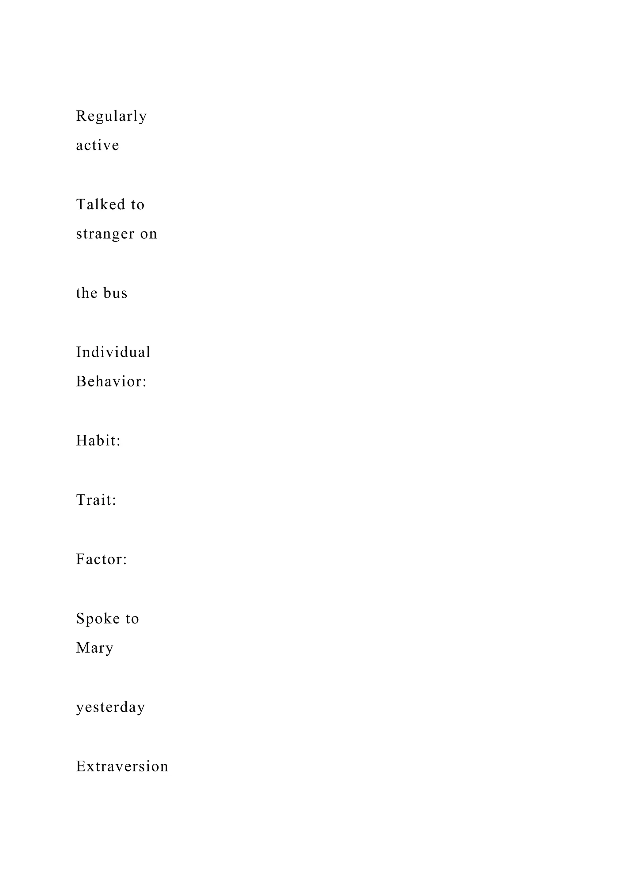 Regularly
active
Talked to
stranger on
the bus
Individual
Behavior:
Habit:
Trait:
Factor:
Spoke to
Mary
yesterday
Extraversion
 