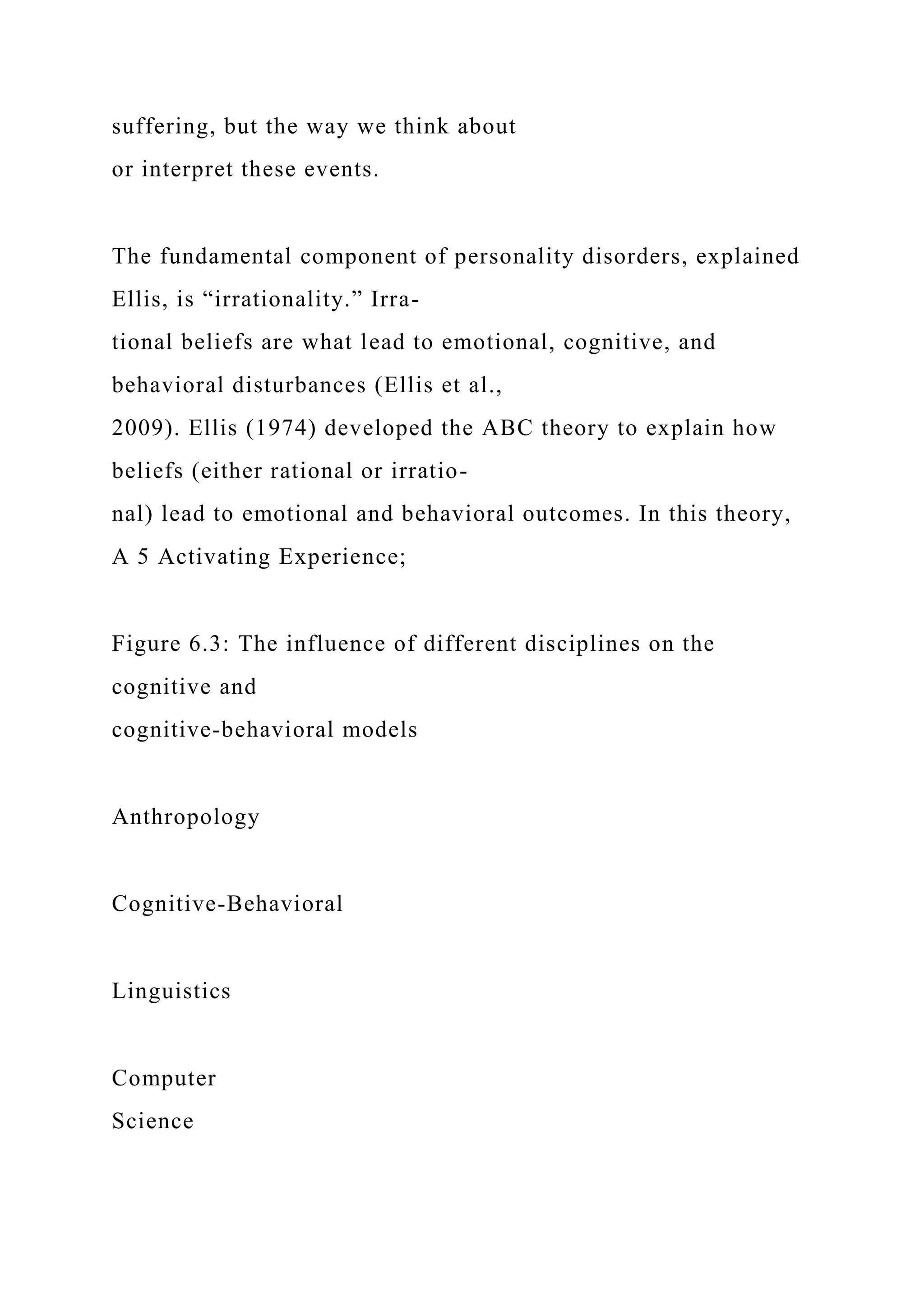 suffering, but the way we think about
or interpret these events.
The fundamental component of personality disorders, explained
Ellis, is “irrationality.” Irra-
tional beliefs are what lead to emotional, cognitive, and
behavioral disturbances (Ellis et al.,
2009). Ellis (1974) developed the ABC theory to explain how
beliefs (either rational or irratio-
nal) lead to emotional and behavioral outcomes. In this theory,
A 5 Activating Experience;
Figure 6.3: The influence of different disciplines on the
cognitive and
cognitive-behavioral models
Anthropology
Cognitive-Behavioral
Linguistics
Computer
Science
 