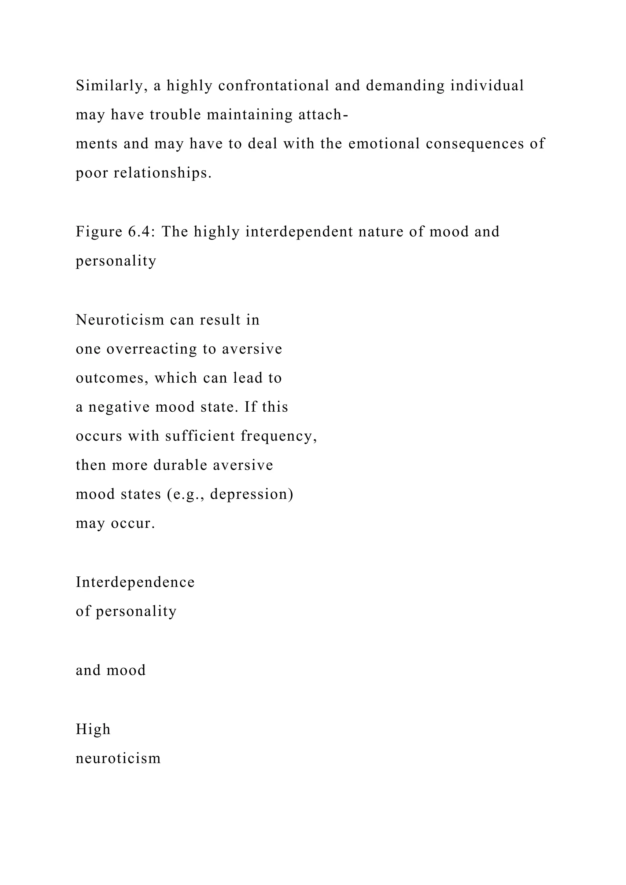 Similarly, a highly confrontational and demanding individual
may have trouble maintaining attach-
ments and may have to deal with the emotional consequences of
poor relationships.
Figure 6.4: The highly interdependent nature of mood and
personality
Neuroticism can result in
one overreacting to aversive
outcomes, which can lead to
a negative mood state. If this
occurs with sufficient frequency,
then more durable aversive
mood states (e.g., depression)
may occur.
Interdependence
of personality
and mood
High
neuroticism
 