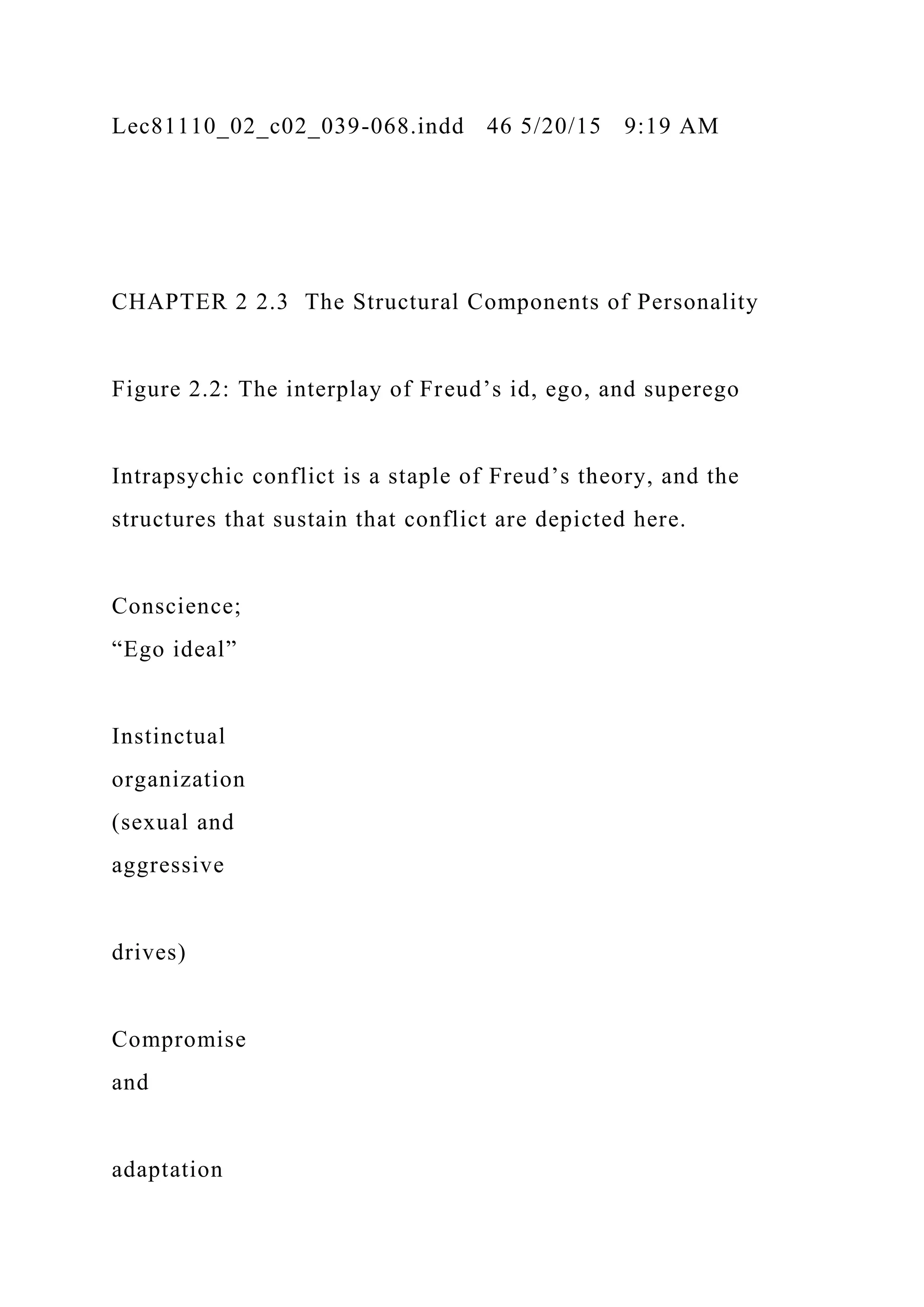 Lec81110_02_c02_039-068.indd 46 5/20/15 9:19 AM
CHAPTER 2 2.3 The Structural Components of Personality
Figure 2.2: The interplay of Freud’s id, ego, and superego
Intrapsychic conflict is a staple of Freud’s theory, and the
structures that sustain that conflict are depicted here.
Conscience;
“Ego ideal”
Instinctual
organization
(sexual and
aggressive
drives)
Compromise
and
adaptation
 