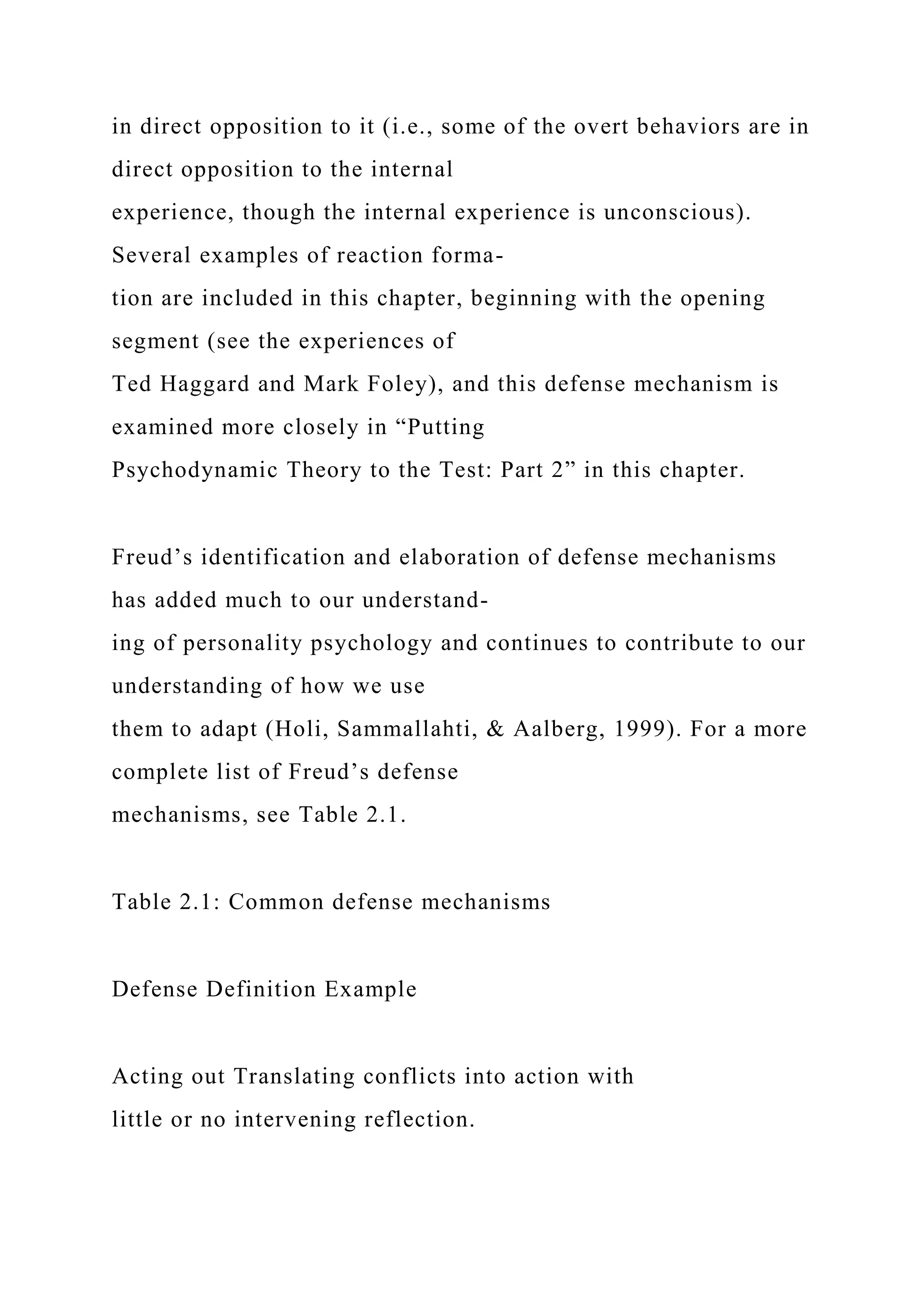 in direct opposition to it (i.e., some of the overt behaviors are in
direct opposition to the internal
experience, though the internal experience is unconscious).
Several examples of reaction forma-
tion are included in this chapter, beginning with the opening
segment (see the experiences of
Ted Haggard and Mark Foley), and this defense mechanism is
examined more closely in “Putting
Psychodynamic Theory to the Test: Part 2” in this chapter.
Freud’s identification and elaboration of defense mechanisms
has added much to our understand-
ing of personality psychology and continues to contribute to our
understanding of how we use
them to adapt (Holi, Sammallahti, & Aalberg, 1999). For a more
complete list of Freud’s defense
mechanisms, see Table 2.1.
Table 2.1: Common defense mechanisms
Defense Definition Example
Acting out Translating conflicts into action with
little or no intervening reflection.
 