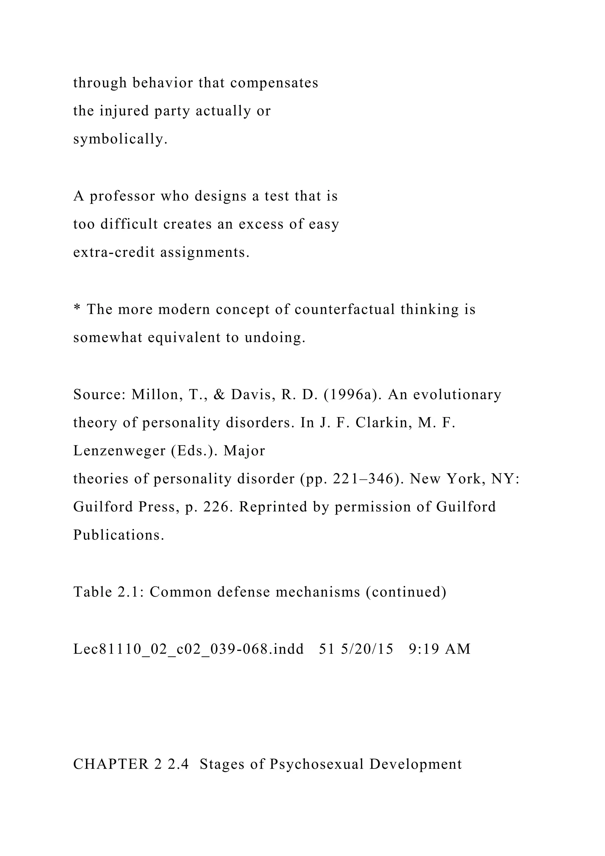 through behavior that compensates
the injured party actually or
symbolically.
A professor who designs a test that is
too difficult creates an excess of easy
extra-credit assignments.
* The more modern concept of counterfactual thinking is
somewhat equivalent to undoing.
Source: Millon, T., & Davis, R. D. (1996a). An evolutionary
theory of personality disorders. In J. F. Clarkin, M. F.
Lenzenweger (Eds.). Major
theories of personality disorder (pp. 221–346). New York, NY:
Guilford Press, p. 226. Reprinted by permission of Guilford
Publications.
Table 2.1: Common defense mechanisms (continued)
Lec81110_02_c02_039-068.indd 51 5/20/15 9:19 AM
CHAPTER 2 2.4 Stages of Psychosexual Development
 