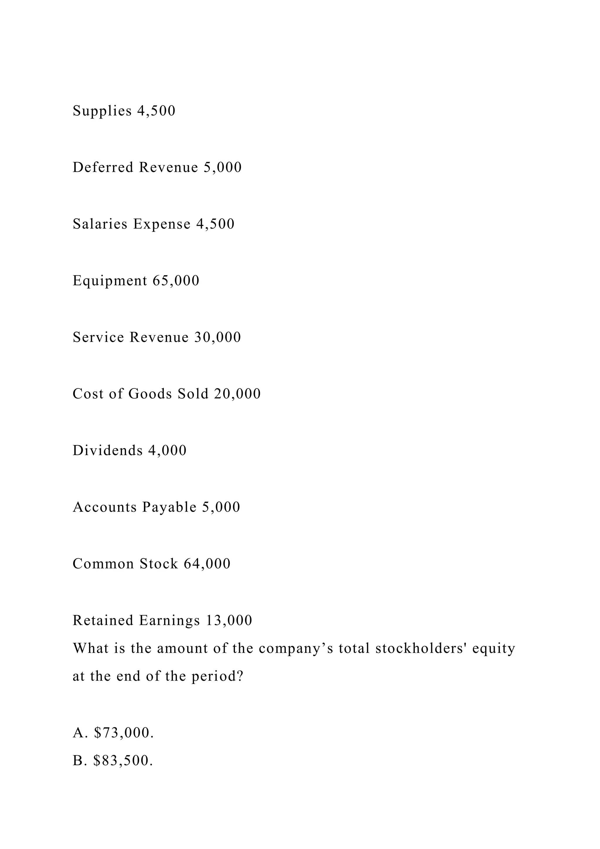 Supplies 4,500
Deferred Revenue 5,000
Salaries Expense 4,500
Equipment 65,000
Service Revenue 30,000
Cost of Goods Sold 20,000
Dividends 4,000
Accounts Payable 5,000
Common Stock 64,000
Retained Earnings 13,000
What is the amount of the company’s total stockholders' equity
at the end of the period?
A. $73,000.
B. $83,500.
 