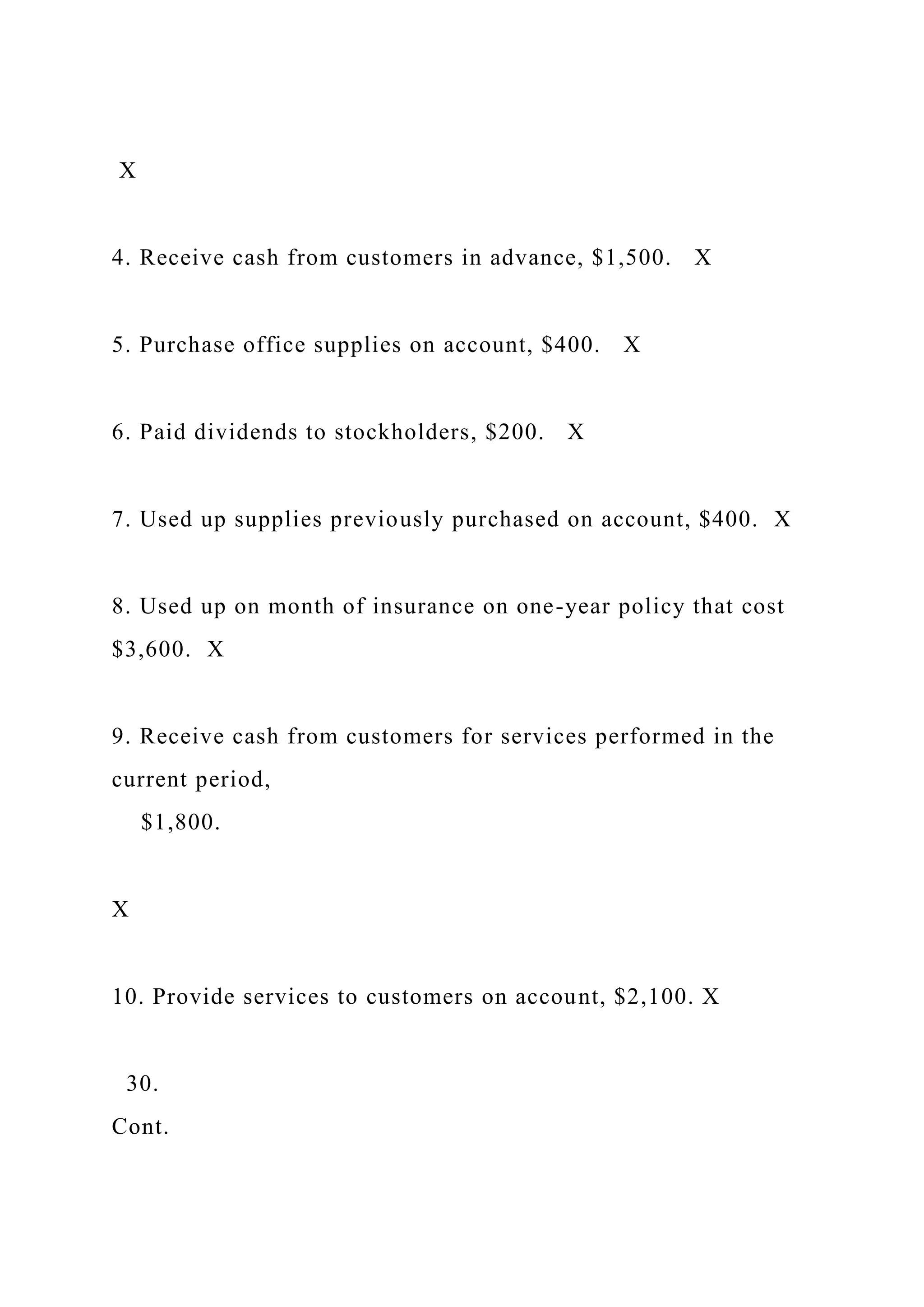 X
4. Receive cash from customers in advance, $1,500. X
5. Purchase office supplies on account, $400. X
6. Paid dividends to stockholders, $200. X
7. Used up supplies previously purchased on account, $400. X
8. Used up on month of insurance on one-year policy that cost
$3,600. X
9. Receive cash from customers for services performed in the
current period,
$1,800.
X
10. Provide services to customers on account, $2,100. X
30.
Cont.
 
